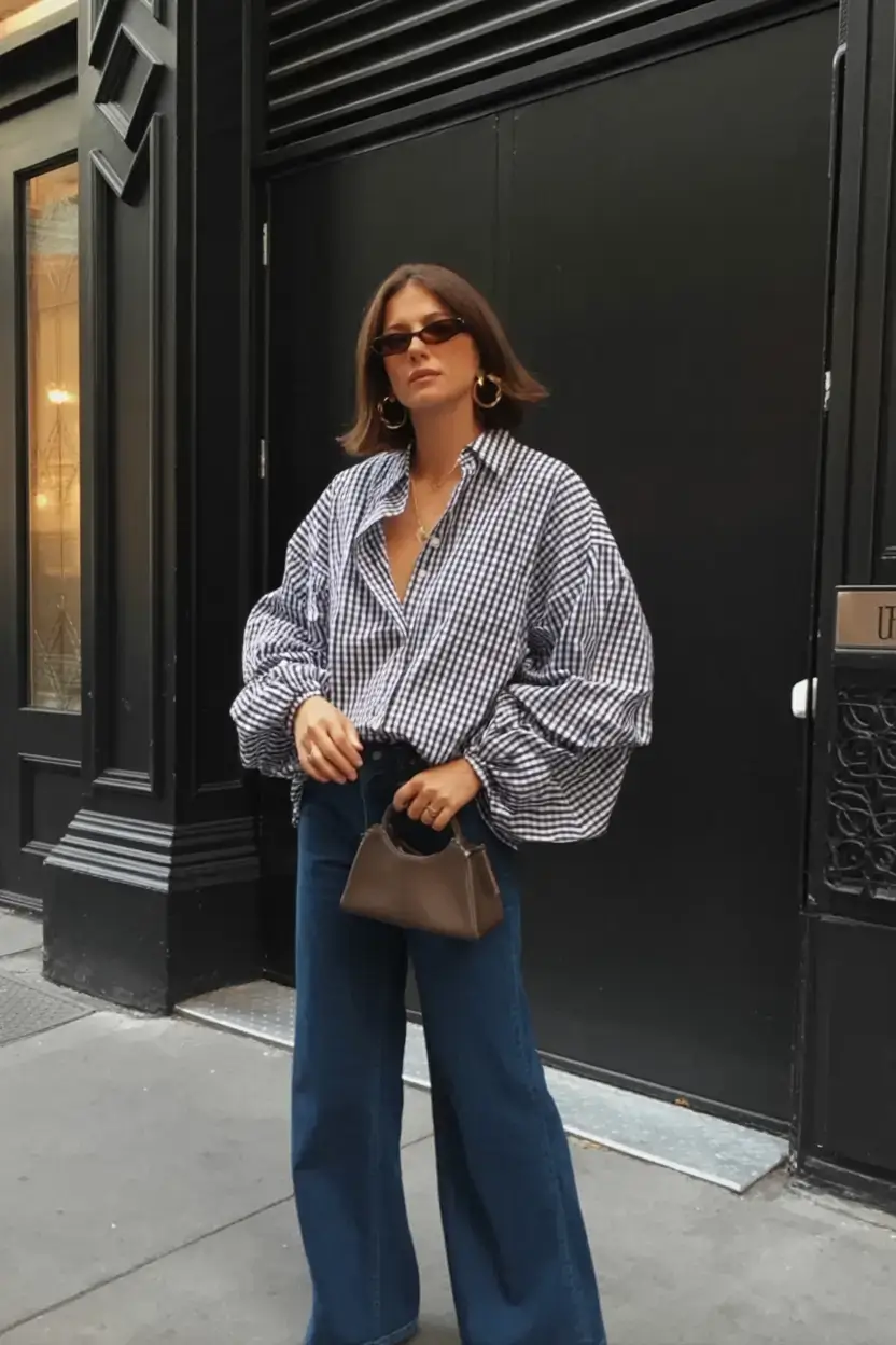 outfits ideas february 2026 Voluminous Gingham and Wide Denim