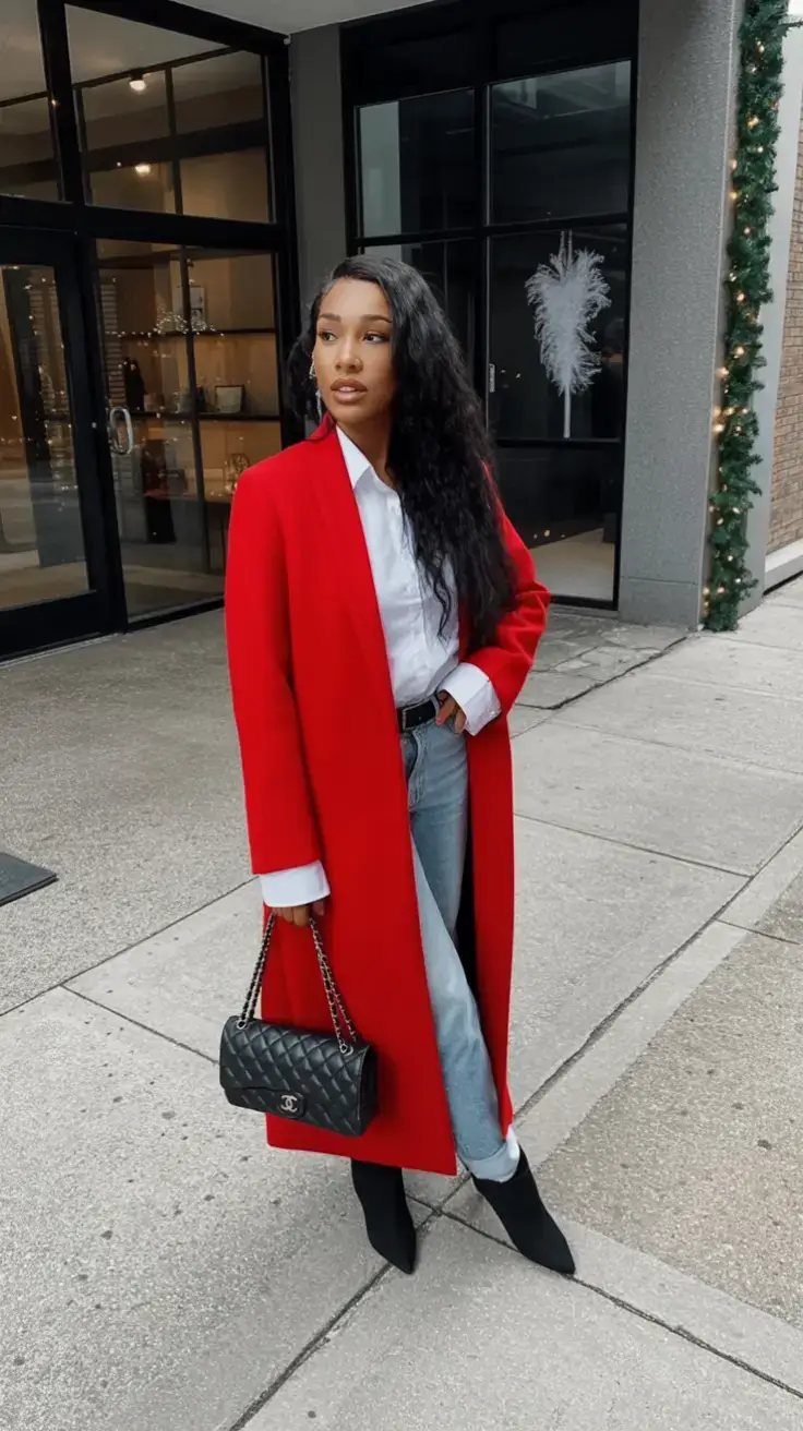 outfits ideas february 2026 Classic Red Coat with Modern Denim