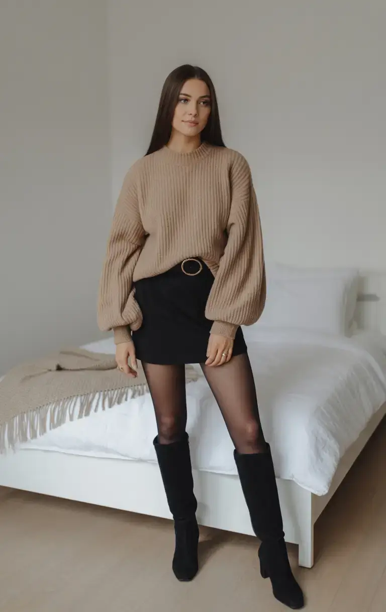 outfits ideas february 2026 Warm Neutrals and Black Mini Balance