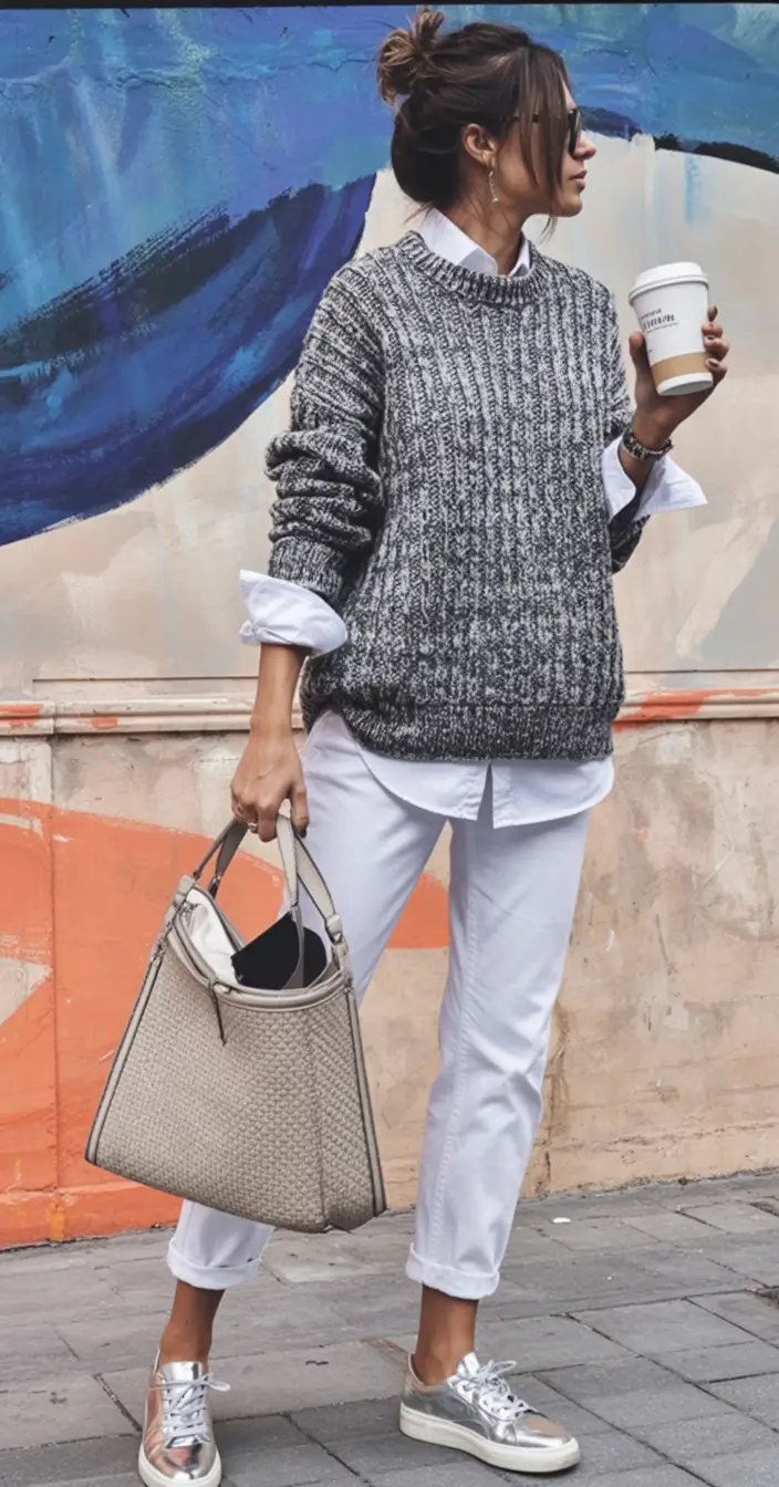 radiant spring outfits for women over 50 2026 Weekend Chill in Monochrome White and Gray