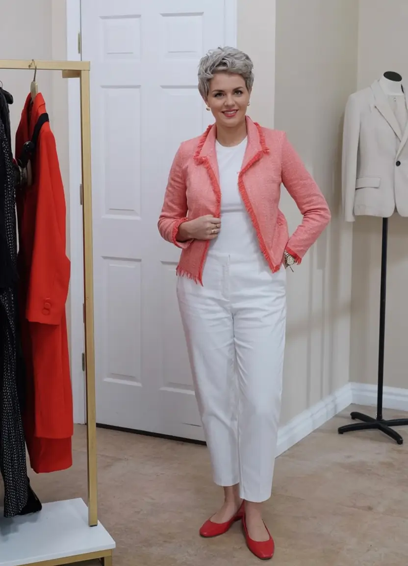 radiant spring outfits for women over 50 2026 Tailored Coral and Crisp White