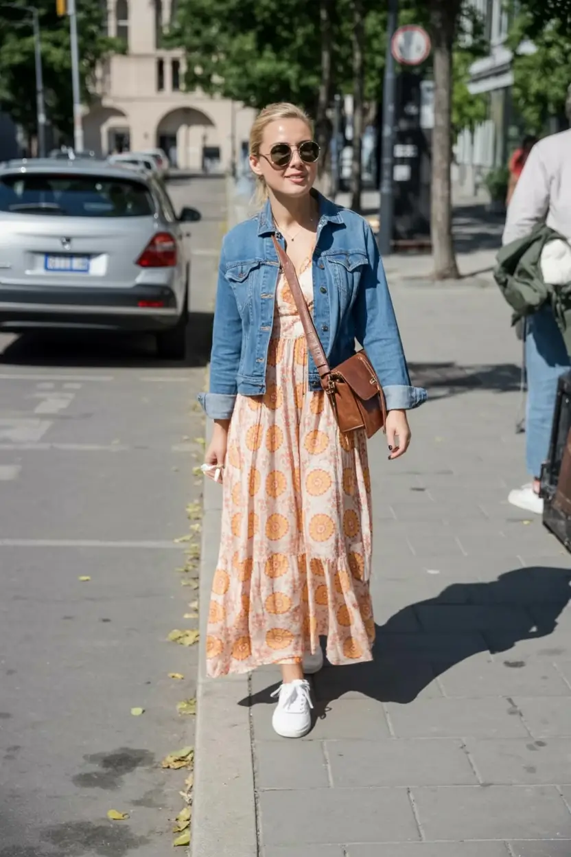 radiant spring outfits for women over 50 2026 Effortlessly Boho in a Maxi Dress and Denim