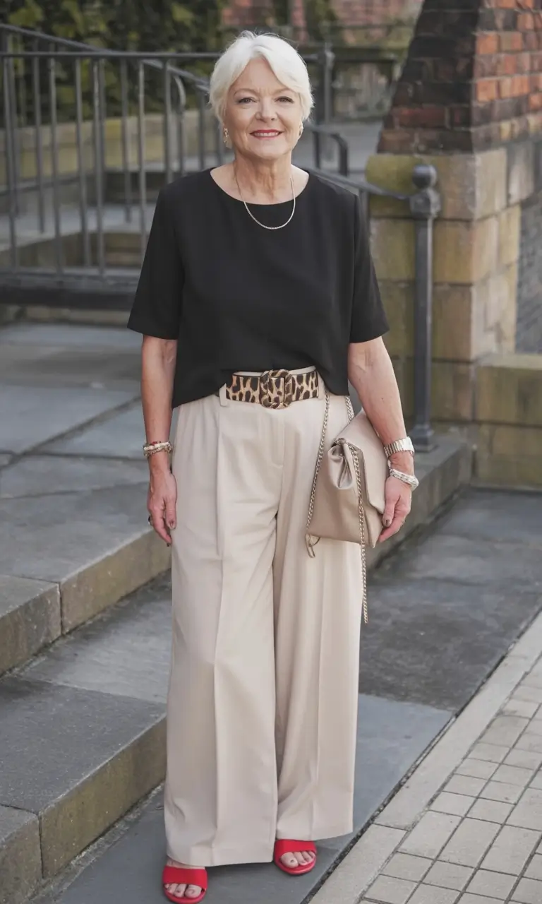 radiant spring outfits for women over 50 2026 Bold Contrast with a Wild Detail