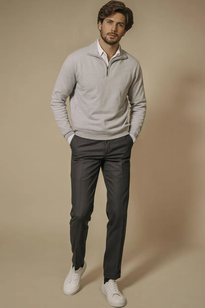 sharp spring outfits for men 2026 Soft Gray Layers with Tailored Intent