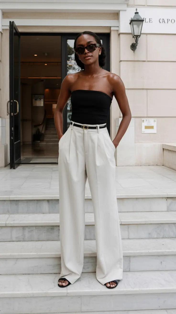 sophisticated spring fashion outfits 2026-Strapless and Strong Clean Lines Bold Frame