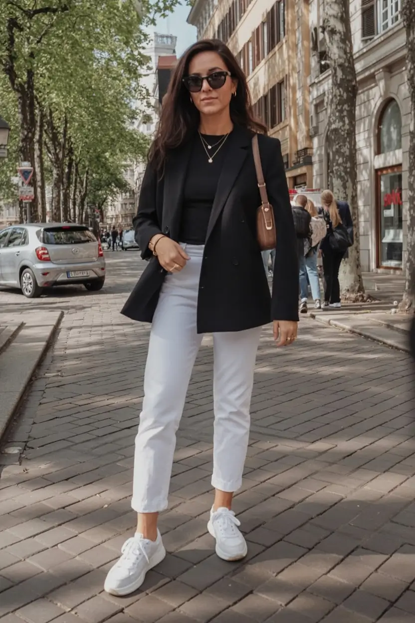 spring outfit inspiration sneakers 2026 Sharp Contrast Soft Confidence