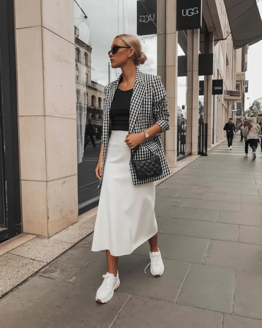 spring outfit inspiration sneakers 2026 Tailored Twist with a Graphic Edge