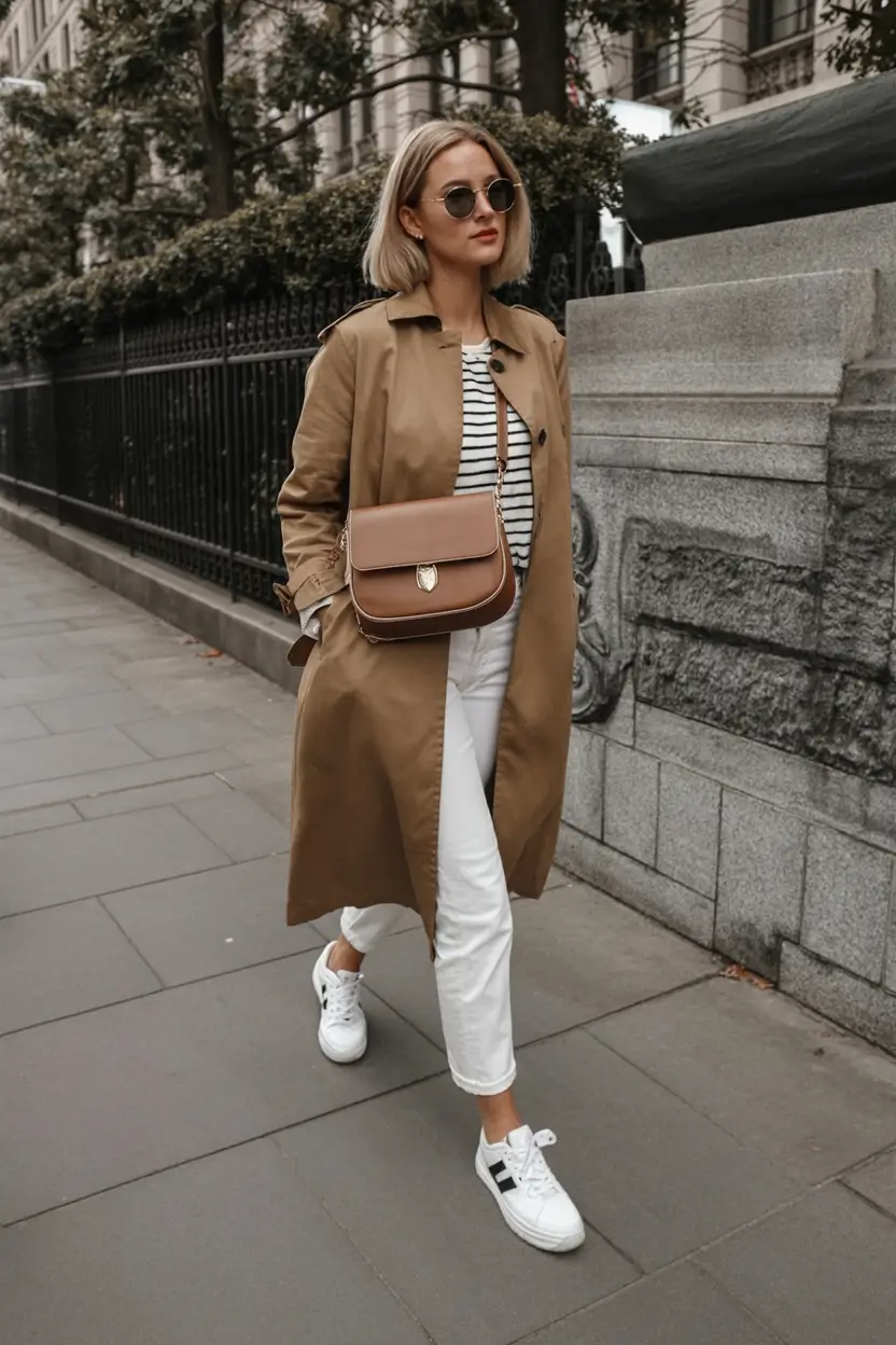 spring outfit inspiration sneakers 2026 Timeless Trench Energy with Everyday Ease