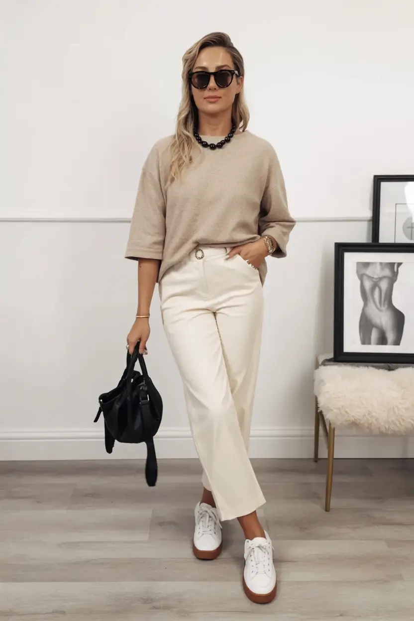 spring outfit inspiration sneakers 2026 Understated Cool in Cream and Tan