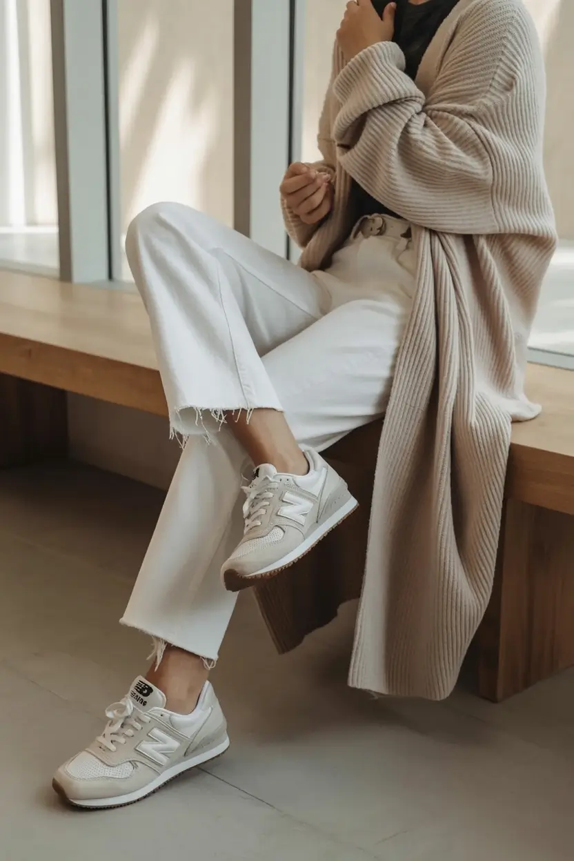 spring outfit inspiration sneakers 2026 Cozy Neutrals with a Retro Spin