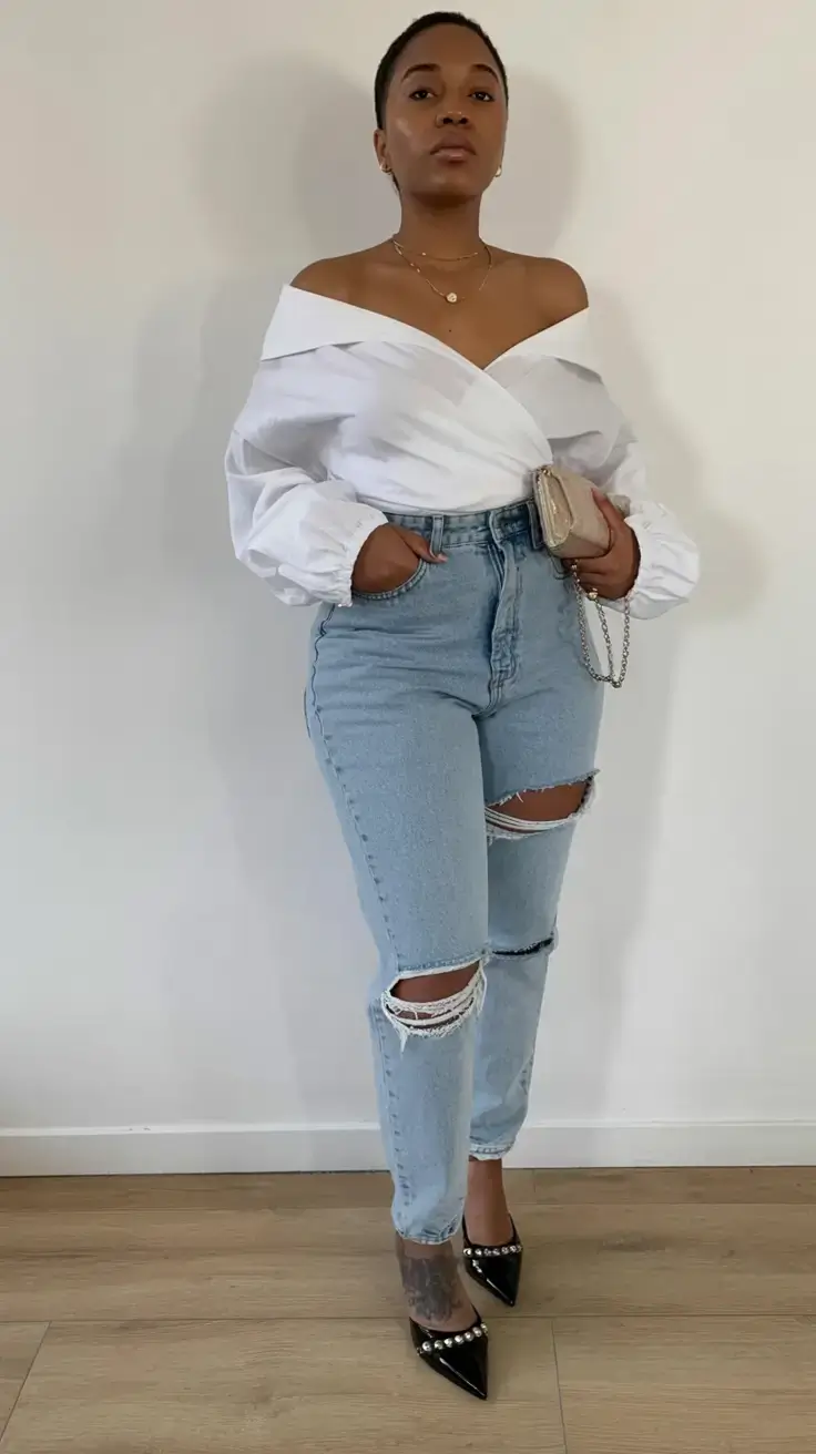 spring outfits 2026 Off-Shoulder Power and Denim Drama