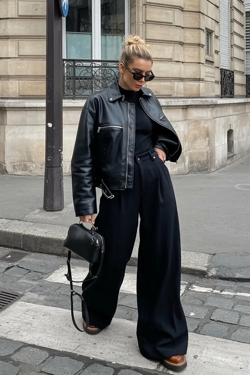 trendy spring leather jacket outfits 2026 Monochrome Mood with a Hint of Drama