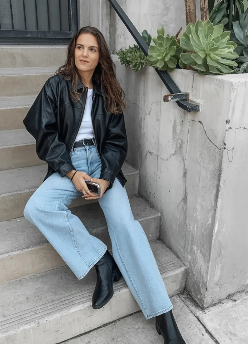 trendy spring leather jacket outfits 2026 Denim Days with a Touch of Leather Luxe