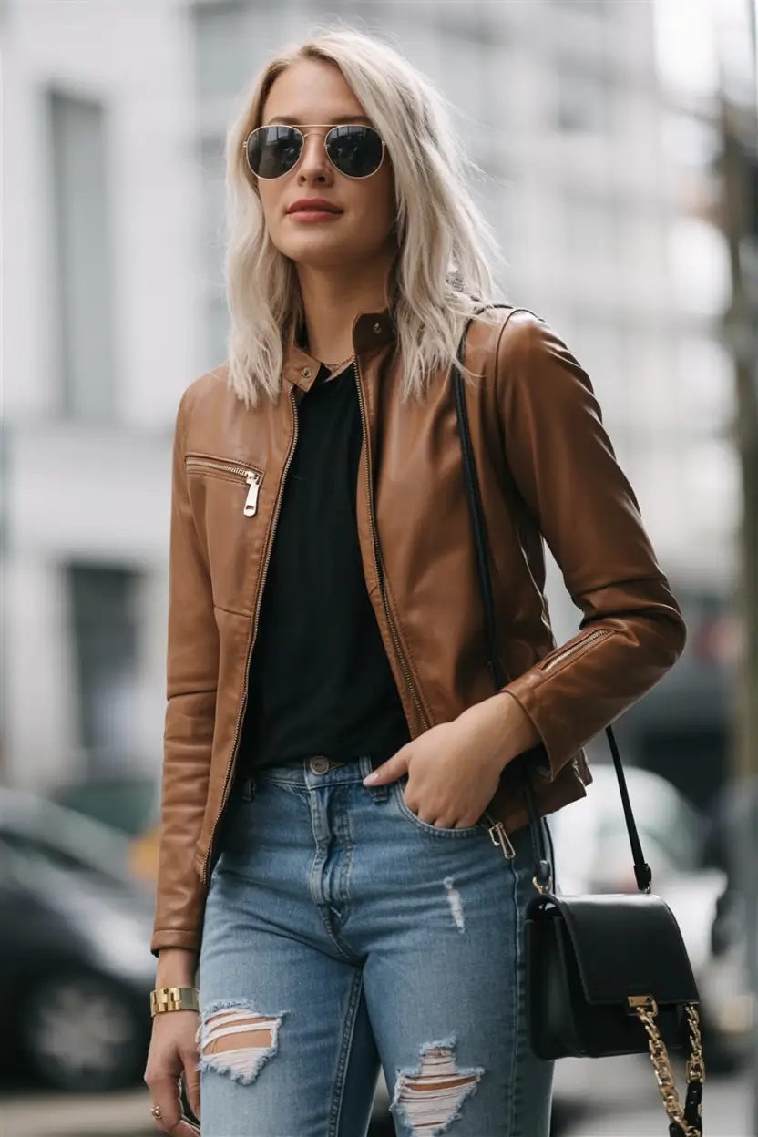 trendy spring leather jacket outfits 2026 Caramel Confidence in Motion