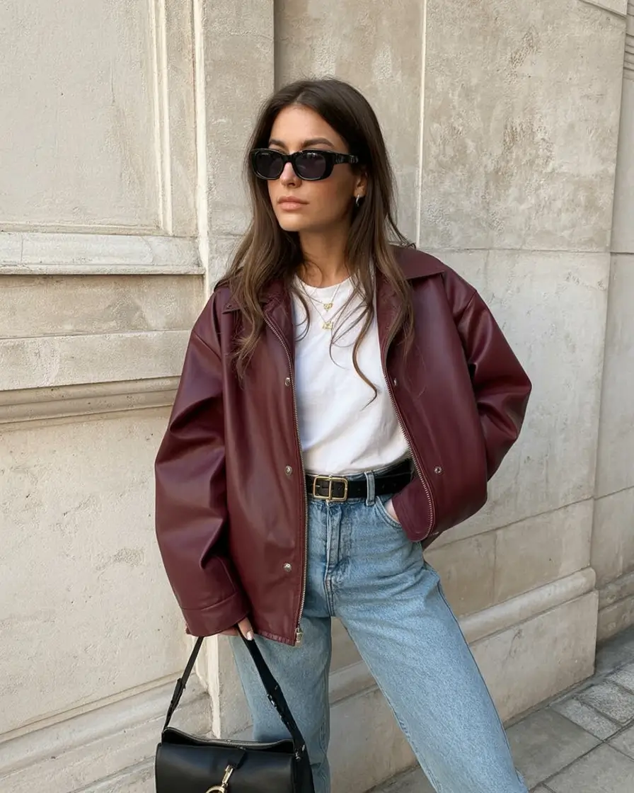 trendy spring leather jacket outfits 2026 Merlot Minimalism Done Right