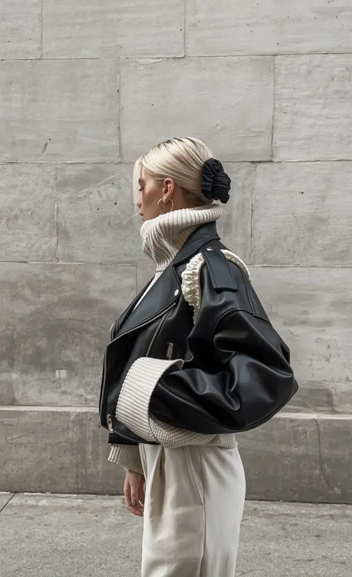 trendy spring leather jacket outfits 2026 Chunky Layers Meet Leather Edge