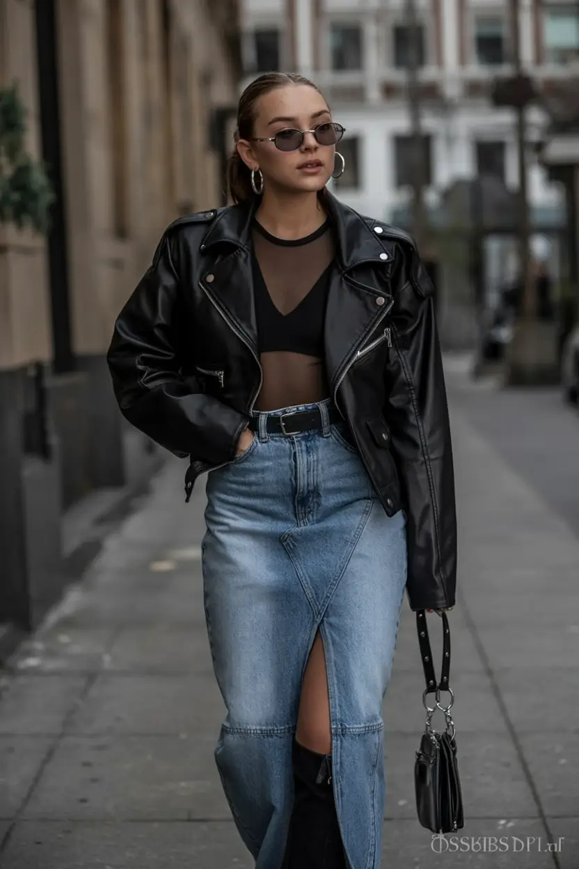 trendy spring leather jacket outfits 2026 Edgy Contrast in Denim & Mesh