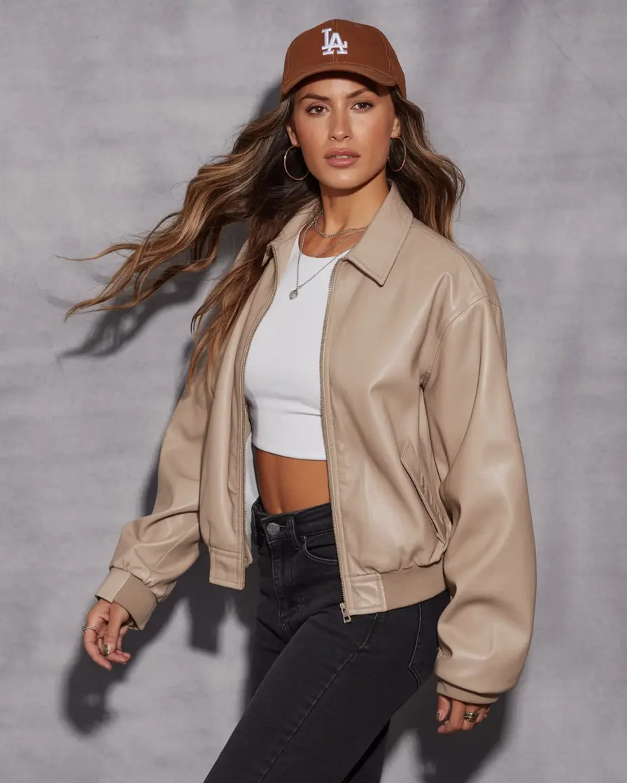 trendy spring leather jacket outfits 2026 Sporty & Sleek in Sandy Tones
