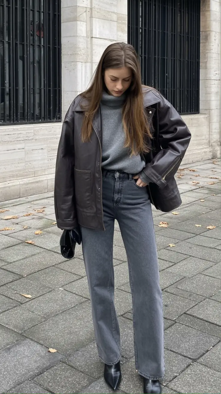 trendy spring leather jacket outfits 2026 Tonal Layering for Cool-Girl Mornings