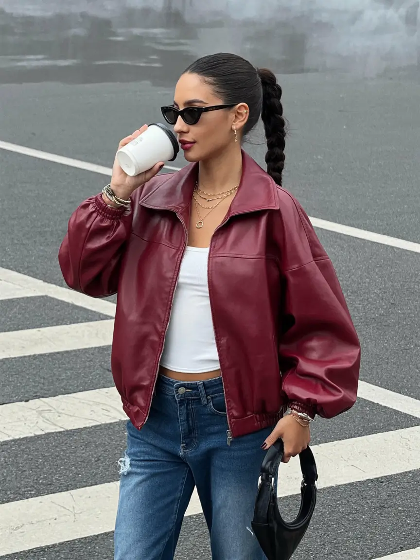 trendy spring leather jacket outfits 2026 Crimson & Cool: The Statement Jacket We’re All Craving