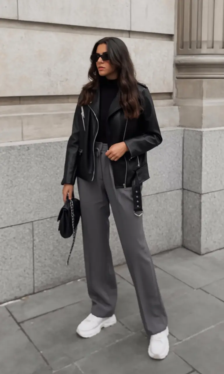 trendy spring leather jacket outfits 2026 Power Pairing: Sharp Leather Meets Soft Tailoring