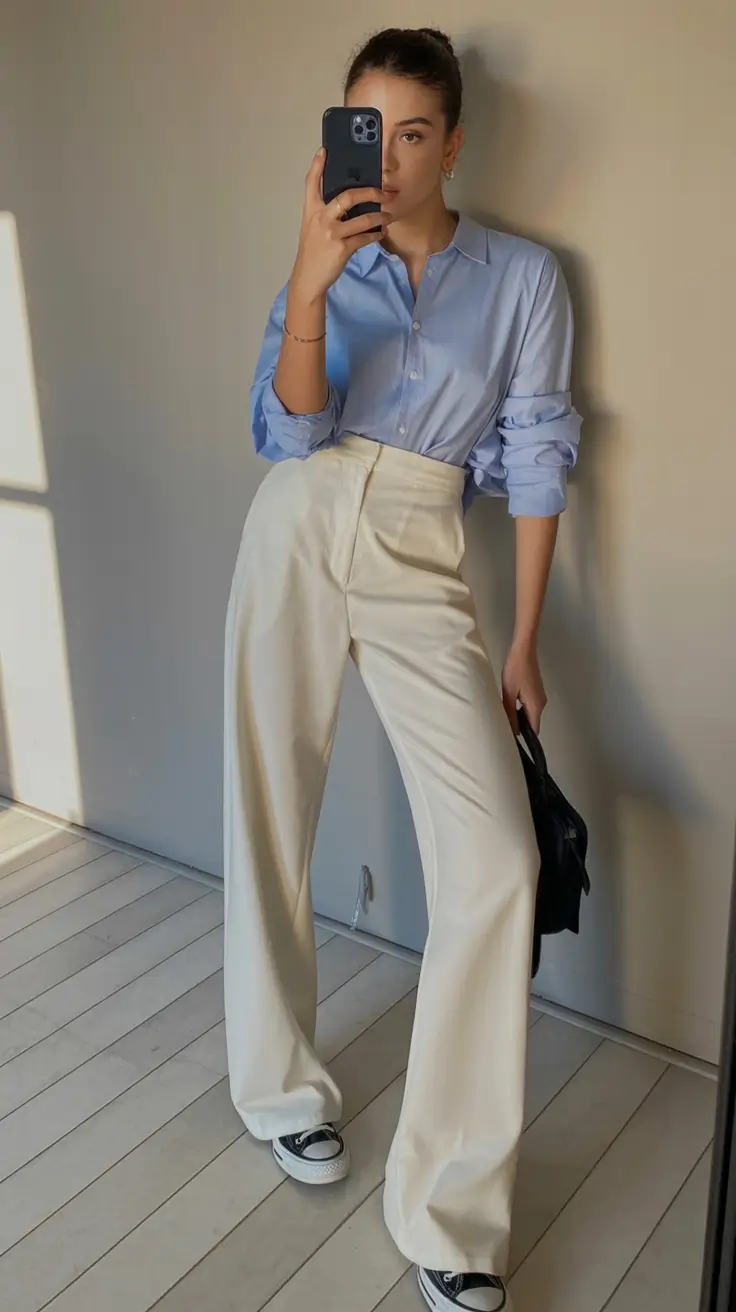 trendy spring style ideas 2026+The Button-Down & Cream Trousers Power Combo