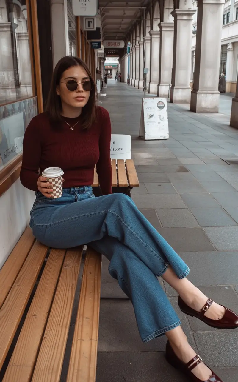 trendy spring style ideas 2026+Rich Burgundy and Denim for That Café Moment