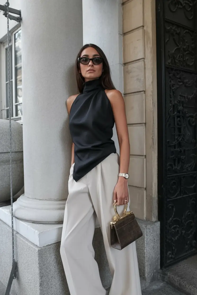 trendy spring style ideas 2026+Satin Sculpting & Cream Trousers: The Cocktail Hour Edit