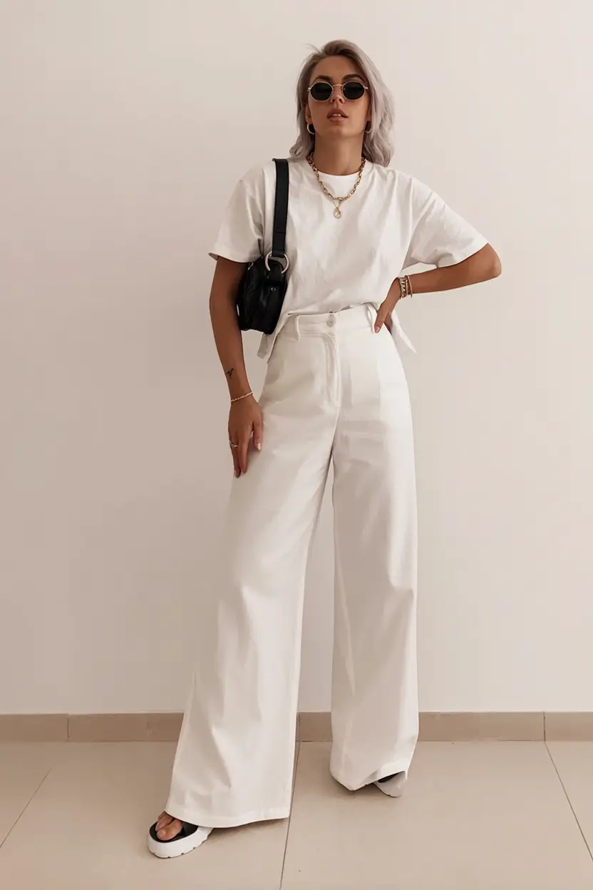 trendy spring style ideas 2026+White Tee, White Pants, Big Energy