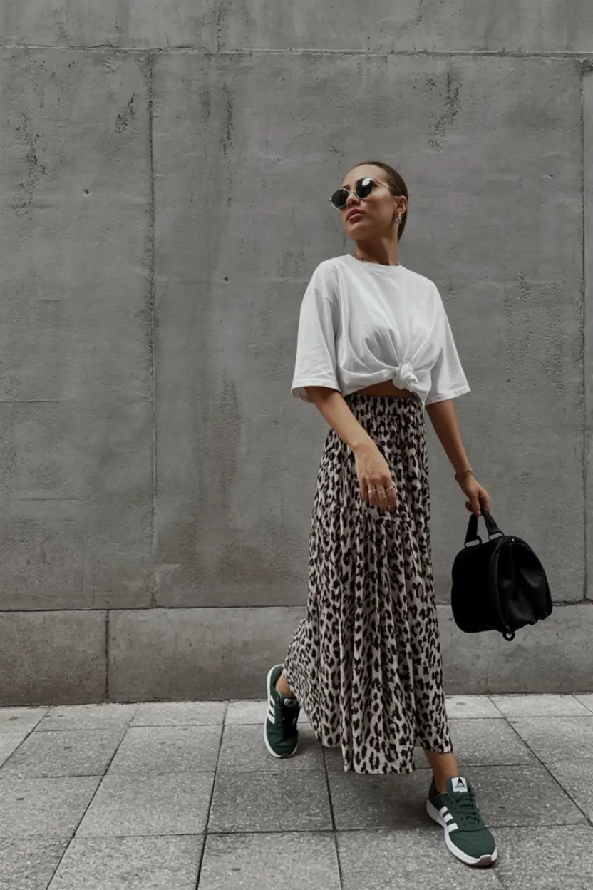 trendy spring style ideas 2026+Effortless Cool in a Tee & Leopard Skirt
