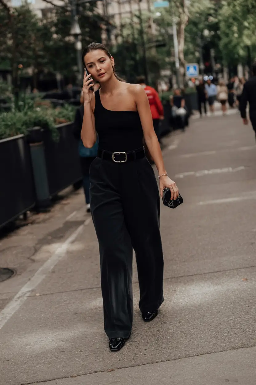 trendy spring style ideas 2026+Asymmetry in All Black: The Power Look Gets a Twist