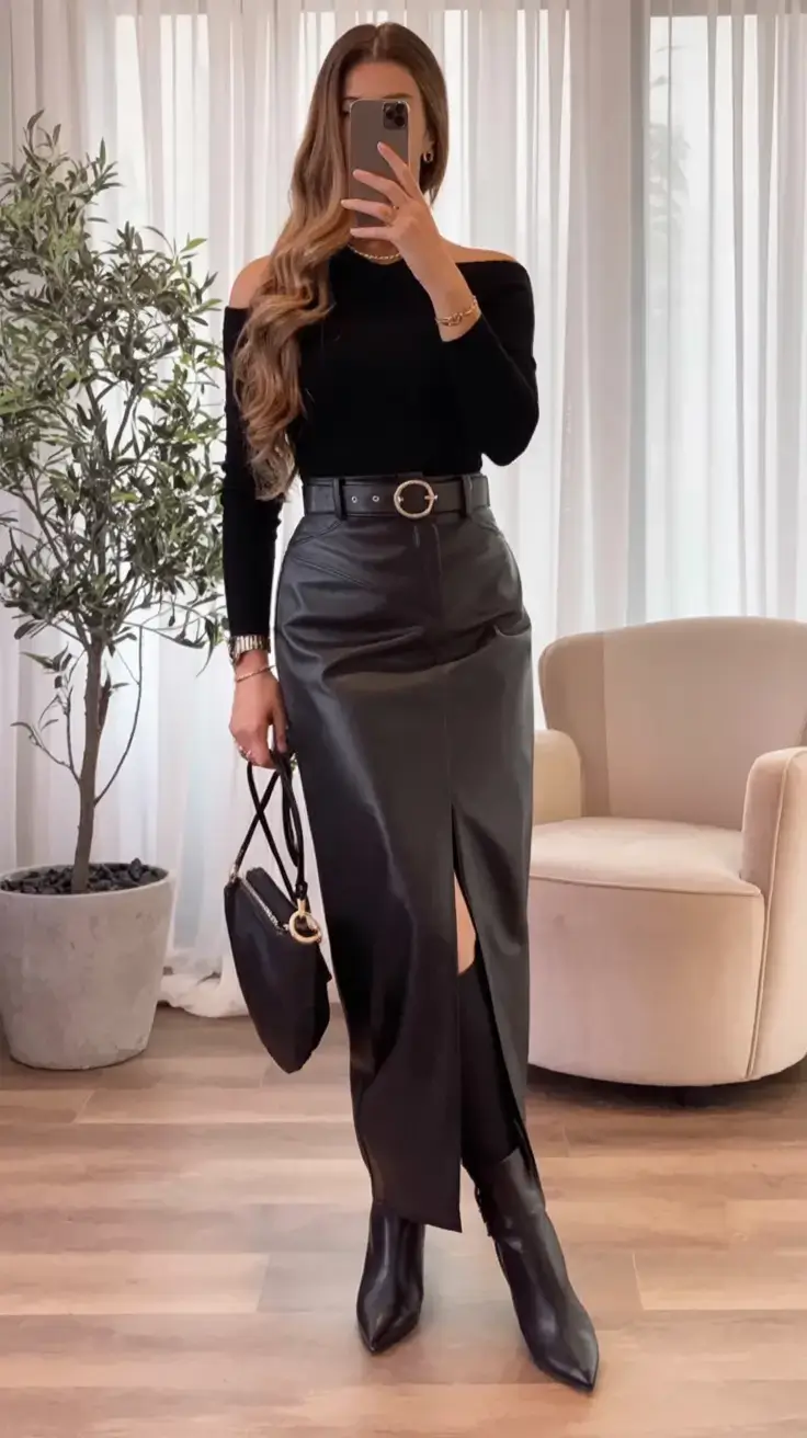 versatile spring skirt outfits 2026 Modern Femme in Black Leather