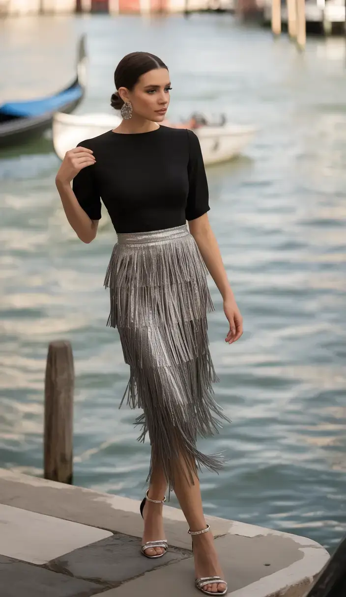 versatile spring skirt outfits 2026 Silver Fringe & Waterfront Glam