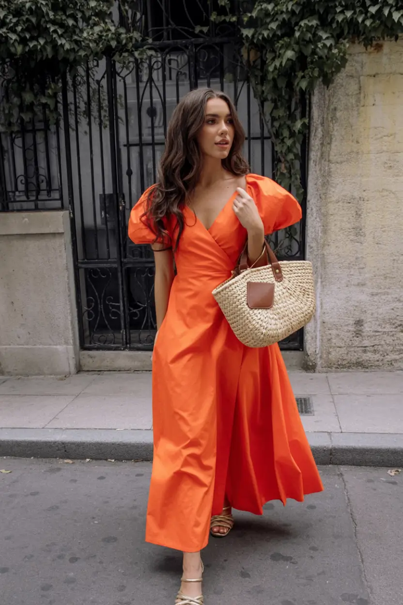 vibrant spring outfits for women over 30 2026+Timeless Glamour in Fiery Orange