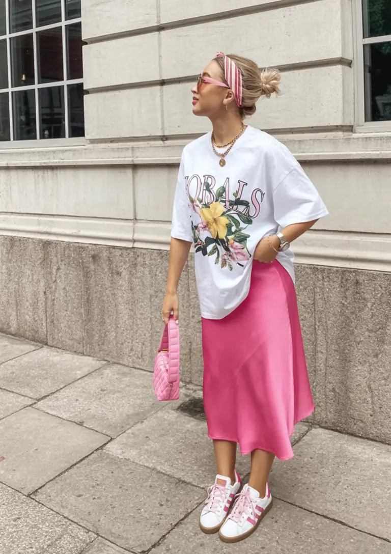 vibrant spring outfits for women over 30 2026+Graphic Tee Meets Pink Silk