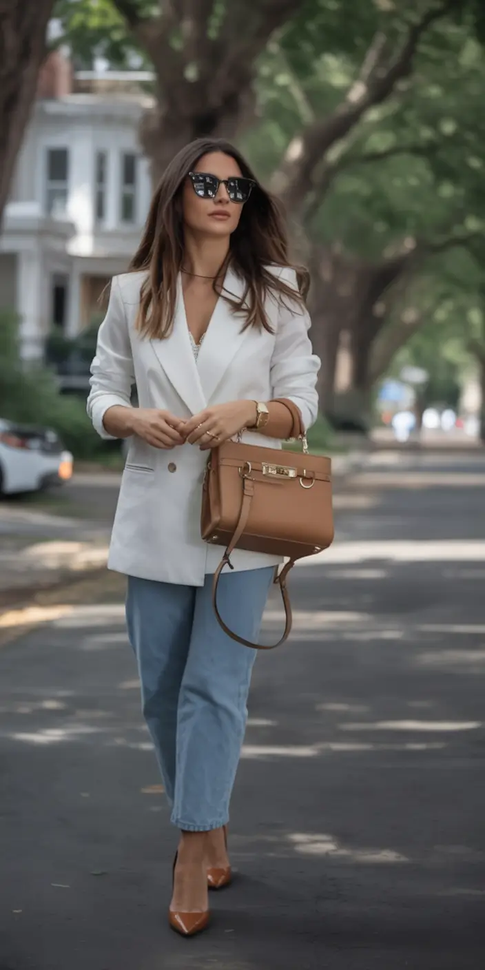 workwear spring blazer outfits 2026 Double-Breasted Power Meets Laid-Back Denim