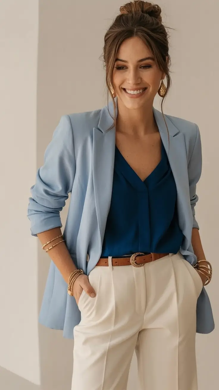 workwear spring blazer outfits 2026 Crisp Blue & Cream Contrast