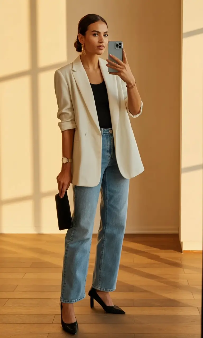 workwear spring blazer outfits 2026 Effortless Power in Denim & Cream