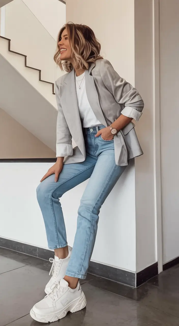 workwear spring blazer outfits 2026 Sporty Chic in Silver Grey