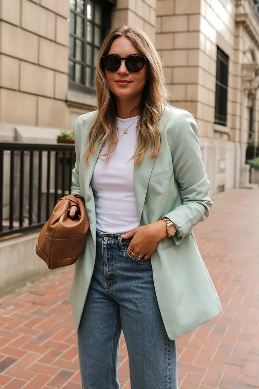 workwear spring blazer outfits 2026 Minty Fresh Tailoring Meets Everyday Denim