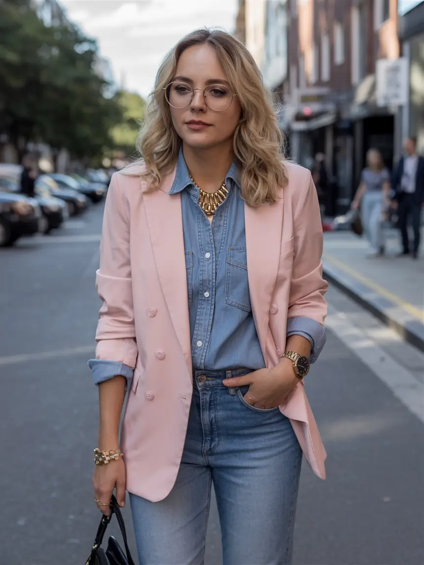 workwear spring blazer outfits 2026 Retro Denim on Denim With a Feminine Twist