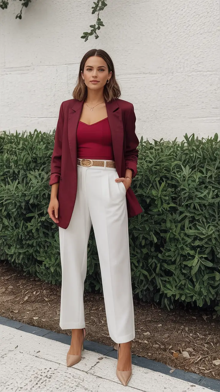 workwear spring blazer outfits 2026 Bold Burgundy With a Sharp Contrast
