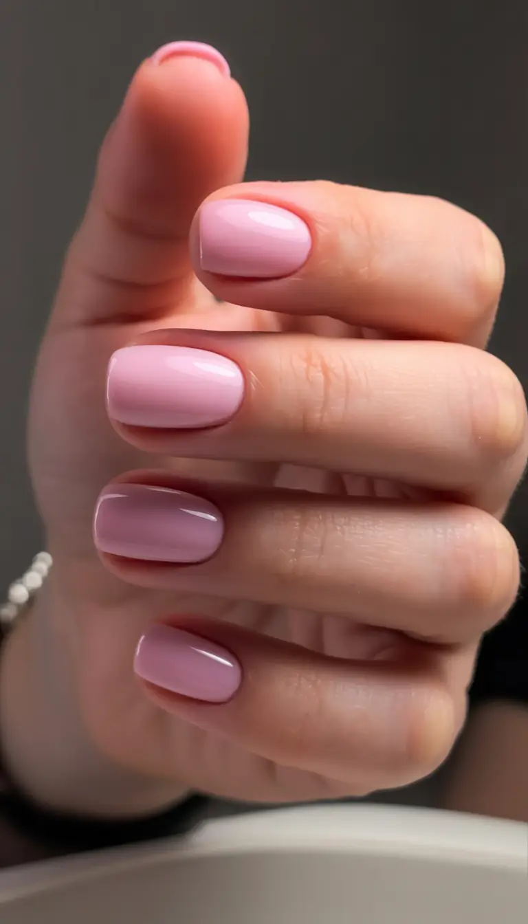 acrylic spring nails trends 2026 Milk-Glass Pink on Short, Glossy Tips