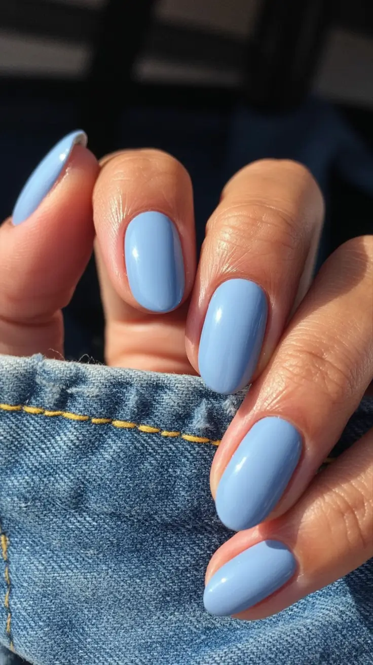 acrylic spring nails trends 2026 Baby Blue Gloss on Short, Rounded Tips