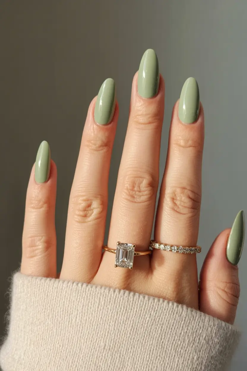 acrylic spring nails trends 2026 Sage Green Serenity With a Polished Almond Shape