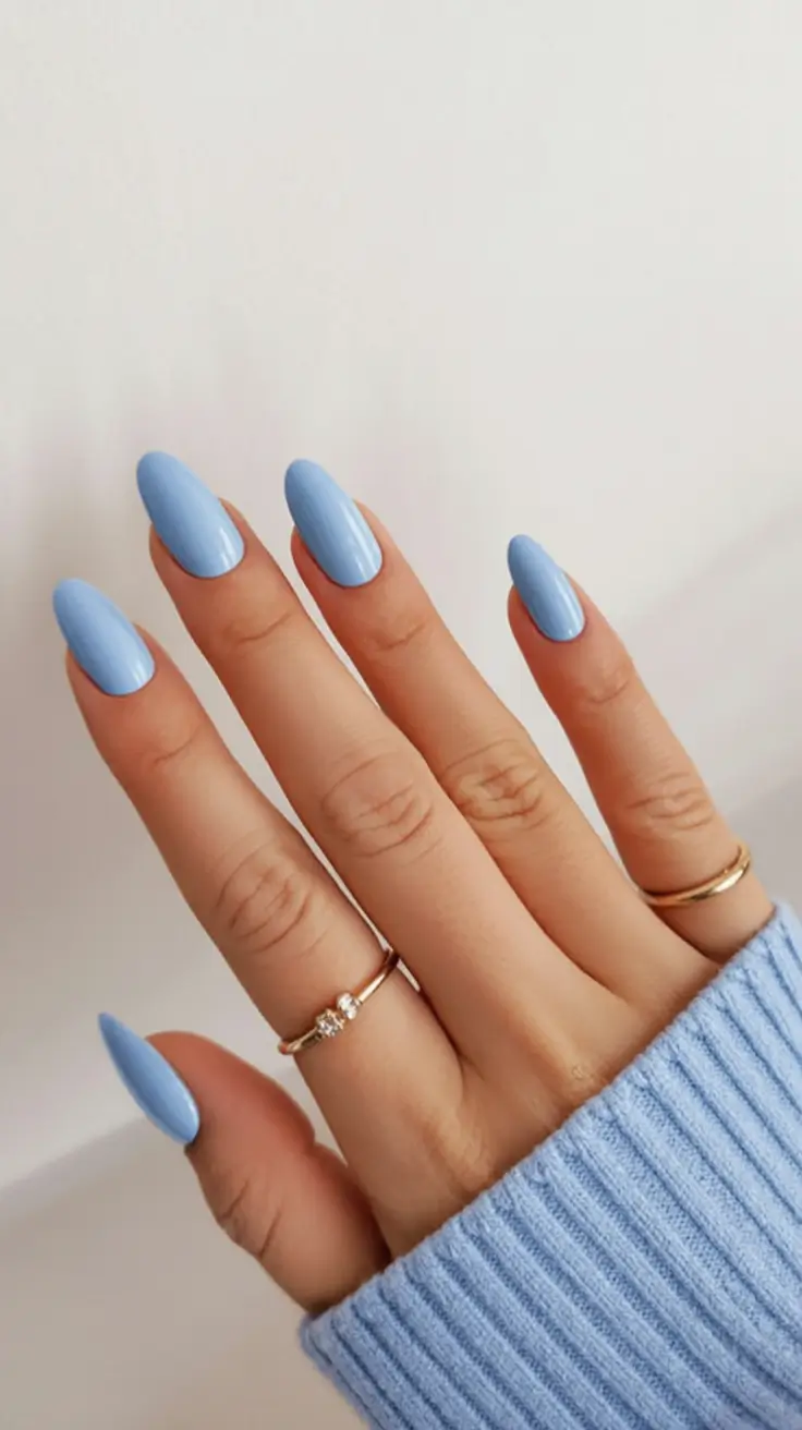 acrylic spring nails trends 2026 Sky-Blue Almond Nails With a Clean, Fresh Glow