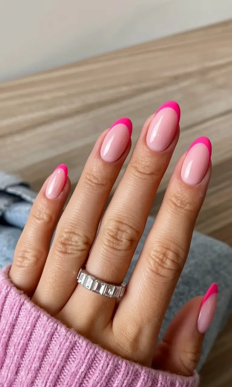 acrylic spring nails trends 2026 Hot-Pink French Tips for a Modern Twist