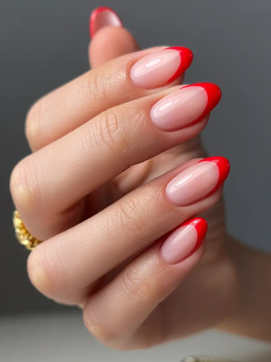 aesthetic spring almond nails 2026 Red-Tipped Almond French