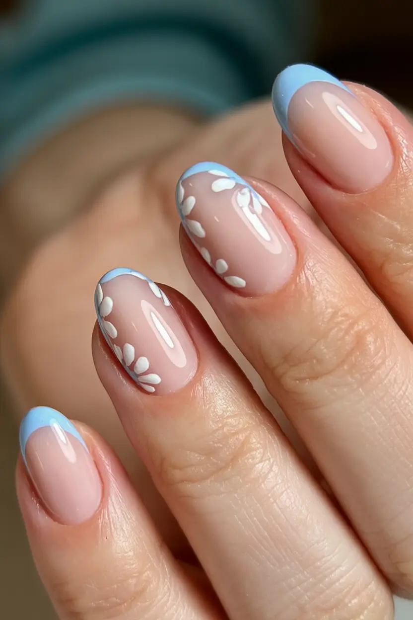 aesthetic spring almond nails 2026 Baby Blue French with Daisy Details