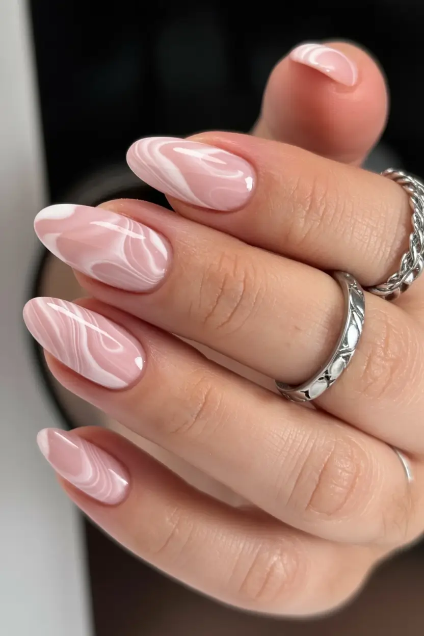 aesthetic spring almond nails 2026 Blush Marble Almond